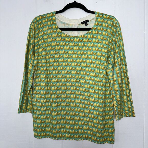 Talbots Women’s Pear Print Sweater Teal Yellow Button Back Size Medium - Picture 1 of 5